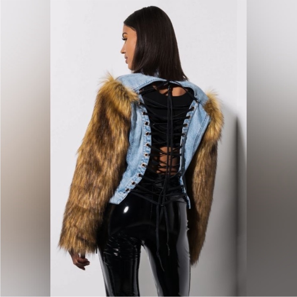 Denim Jacket with Brown Faux Fur Sleeves NWOT - Picture 8 of 9